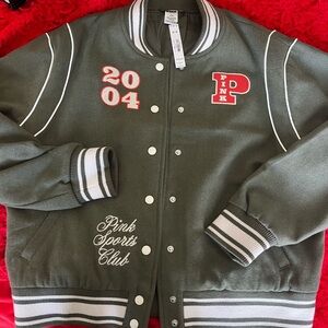 PINK Victoria's Secret Green Varsity Jacket with Red Details